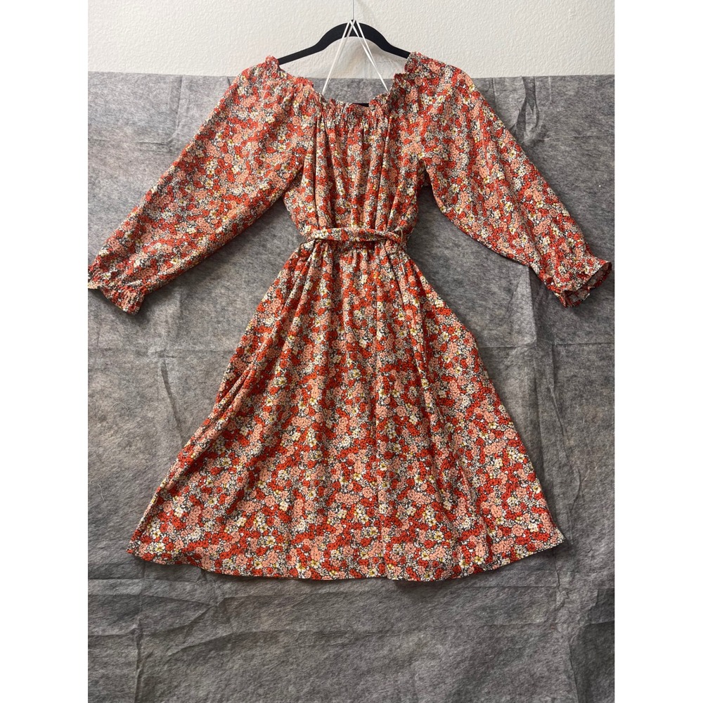 LOFT Outlet Orange Red Floral Long Sleeve Mini Dress Belted Size 2 - Picture 12 of 15